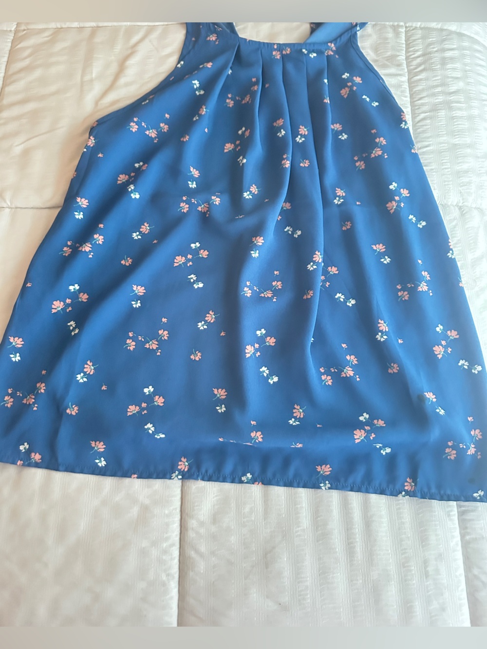 Royal Blue Floral Sleeveless Pleated Blouse